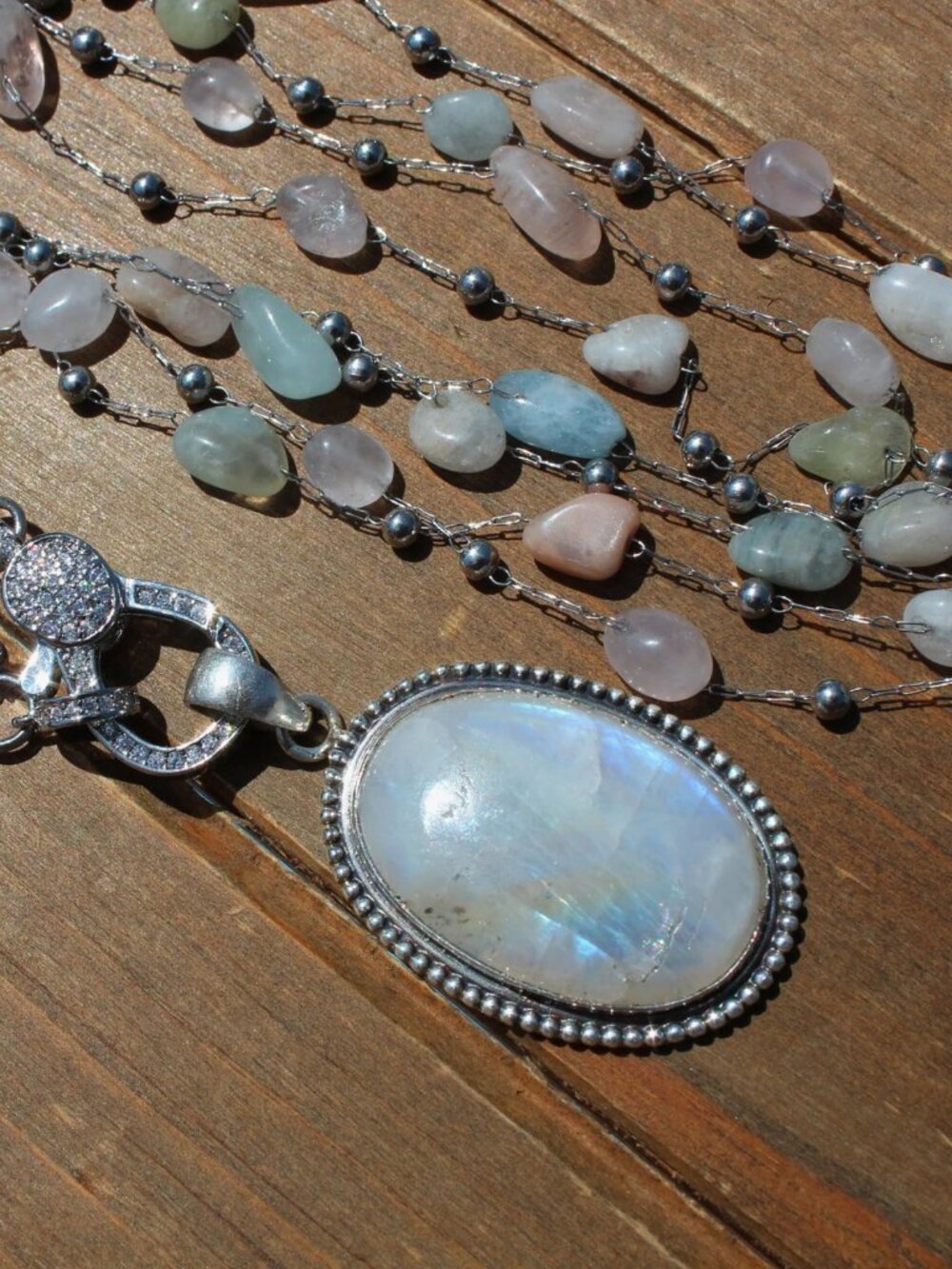 Double Chain Necklace with Petite Morganite and Moonstone Pendant
